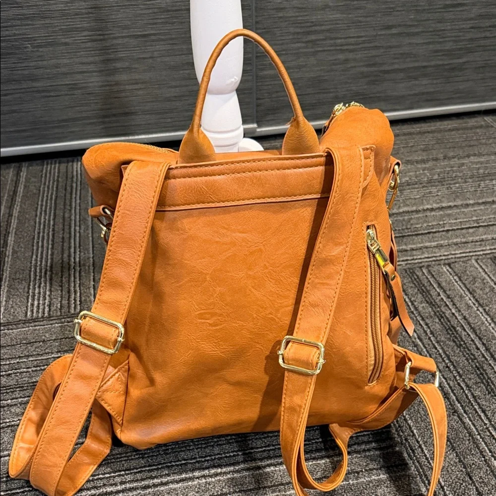 Caramel Vegan Leather Backpack with Colorful Strap